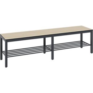 Umkleidebank Basic Plus, für Feuchträume, ohne Rückenlehne, 6-Fußgestell schwarzgrau RAL 7021, mit Schuhrost, B 1500 mm, Dekor Eiche Serrano