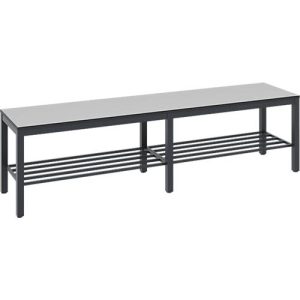 Umkleidebank Basic Plus, für Feuchträume, ohne Rückenlehne, 6-Fußgestell schwarzgrau RAL 7021, mit Schuhrost, B 1500 mm, Dekor silbergrau
