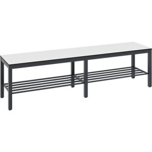 Umkleidebank Basic Plus, für Feuchträume, ohne Rückenlehne, 6-Fußgestell schwarzgrau RAL 7021, mit Schuhrost, B 1500 mm, Dekor weiß
