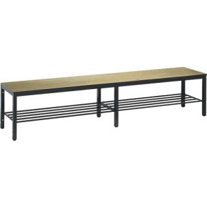 Umkleidebank Basic Plus, für Feuchträume, ohne Rückenlehne, 6-Fußgestell schwarzgrau RAL 7021, mit Schuhrost, B 1960 mm, Dekor Eiche Serrano