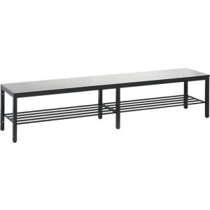 Umkleidebank Basic Plus, für Feuchträume, ohne Rückenlehne, 6-Fußgestell schwarzgrau RAL 7021, mit Schuhrost, B 1960 mm, Dekor silbergrau