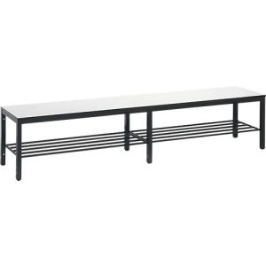 Umkleidebank Basic Plus, für Feuchträume, ohne Rückenlehne, 6-Fußgestell schwarzgrau RAL 7021, mit Schuhrost, B 1960 mm, Dekor weiß