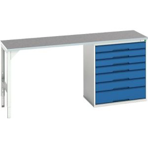 Unterbauwerkbank Bott verso, Linoleum-Platte, 7 Schubladen, B 2000 x T 600 x H 930 mm, Lichtgrau / Enzianblau