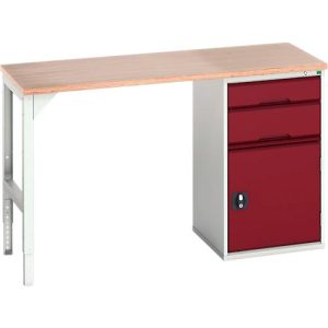 Unterbauwerkbank Bott verso, Multiplex-Platte, 2 Schubladen, 1 Tür, 1 Ablageboden, B 1500 x T 600 x H 930 mm, Lichtgrau / Purpurrot