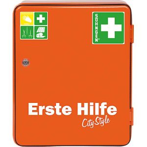 Verbandschrank HEIDELBERG, Stahlblech, Sicherheitsschloss, B 362 x T 140 x H 302 mm, Inhalt nach DIN 13157, orange