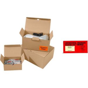 Versandkartons mit Automatikboden, Innenmaße L 175 x B 105 x H 75 mm, 100 Stück + 250 Lieferscheintaschen DEBATEC, DIN lang, Fenster & Aufdruck, rot