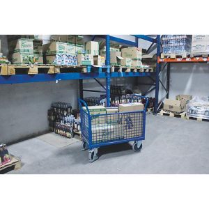Vierwandwagen, Stahl/MDF-Platte, Enzianblau/Buche-Dekor, L 850 x B 450 mm, herausnehmbare Längswände, TPE-Rollen mit EasySTOP, bis 400 kg
