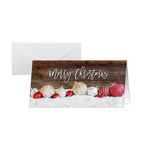 Weihnachtsmotiv-Karte ‚Red and white Christmas with dark wood‘, DIN lang (2/3 A4), 250g/m², 25 Stück, Weißkarton, Inkjet- & Laserdrucker