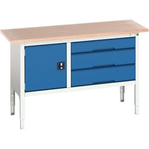 Werkbank Bott verso, bis zu 600 kg, 3 Schubladen & 1 Tür, B 1500 x T 600 x H 830 – 930 mm, Buche Multiplex, Stahl, Lichtgrau RAL 7035 / Enzianblau RAL 5010