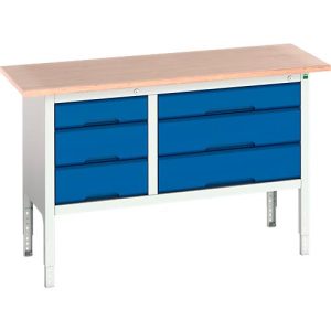 Werkbank Bott verso, bis zu 600 kg, 6 Schubladen, B 1500 x T 600 x H 830 – 930 mm, Buche Multiplex, Stahl, Lichtgrau RAL 7035 / Enzianblau RAL 5010