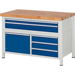 Werkbank Serie 8922, 5 Schubladen, 2 Fachböden mit Tür, höhenverstellbar, B 1250 x T 700 x H Werkbank Serie 8922, 5 Schubladen, 2 Fachböden mit Tür, höhenverstellbar, B 1250 x T 700 x H