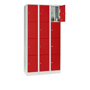 Wertfachschrank 300 mm, 3 Abteile, 12 Fächer, Sicherheitszylinderschloss, Sockel, feuerrot
