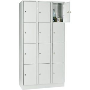 Wertfachschrank 300 mm, 3 Abteile, 12 Fächer, Sicherheitszylinderschloss, Sockel, lichtgrau
