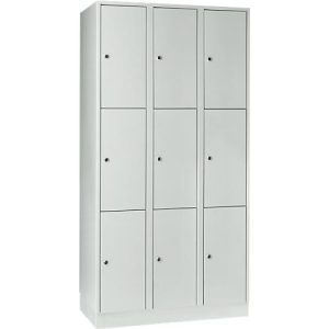 Wertfachschrank 300 mm, 3 Abteile, 9 Fächer, Sicherheitszylinderschloss, Sockel, lichtgrau