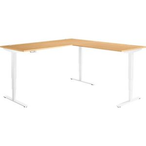 Winkelschreibtisch AERO FLEX, elektrisch höhenverstellbar, 90° Winkel, T-Fuß, B 2000 x T 2000 mm, Buche/weiß + Memorypanel