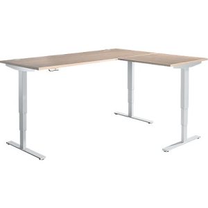 Winkelschreibtisch AERO FLEX, elektrisch höhenverstellbar, 90° Winkel, T-Fuß, B 2000 x T 2400 mm, Eiche/weißalu + Memorypanel