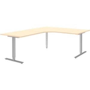 Winkelschreibtisch BARI 90°, T-Fuß, Freiformtisch, Winkel links, B 1800 x T 1000/800 x H 680-820 mm, Ahorn/Alu
