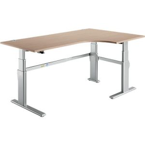 Winkelschreibtisch Komfort, elektrisch höhenverstellbar, 90° Winkel, Ansatz links, C-Fuß, B 2000 x T 1200,00/800 x H 655-1305 mm, Eiche/weißaluminium