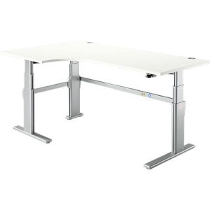 Winkelschreibtisch Komfort, elektrisch höhenverstellbar, 90° Winkel, Ansatz links, C-Fuß, B 2000 x T 1200,00/800 x H 655-1305 mm, weiß/weißaluminium