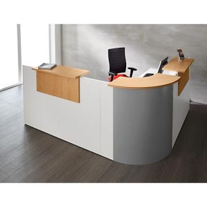 Winkeltheke Come-In, rund, L 2125 x B 2525 mm, weiß, 3 Ablagen in Buche-Dekor, Eckelement alusilber