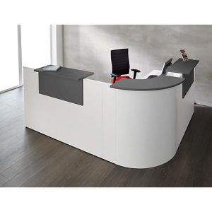 Winkeltheke Come-In, rund, L 2125 x B 2525 mm, weiß, 3 Ablagen in Graphit, Eckelement weiß