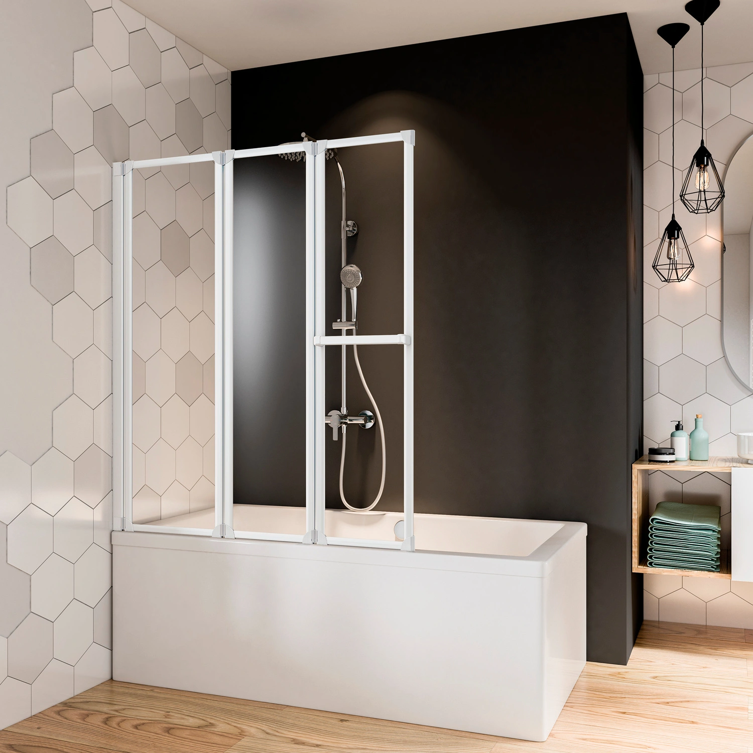 Badewannenfaltwand »Fara«, 3-teilig, BxH: 140 x 120 cm, Kunstglas, weiß