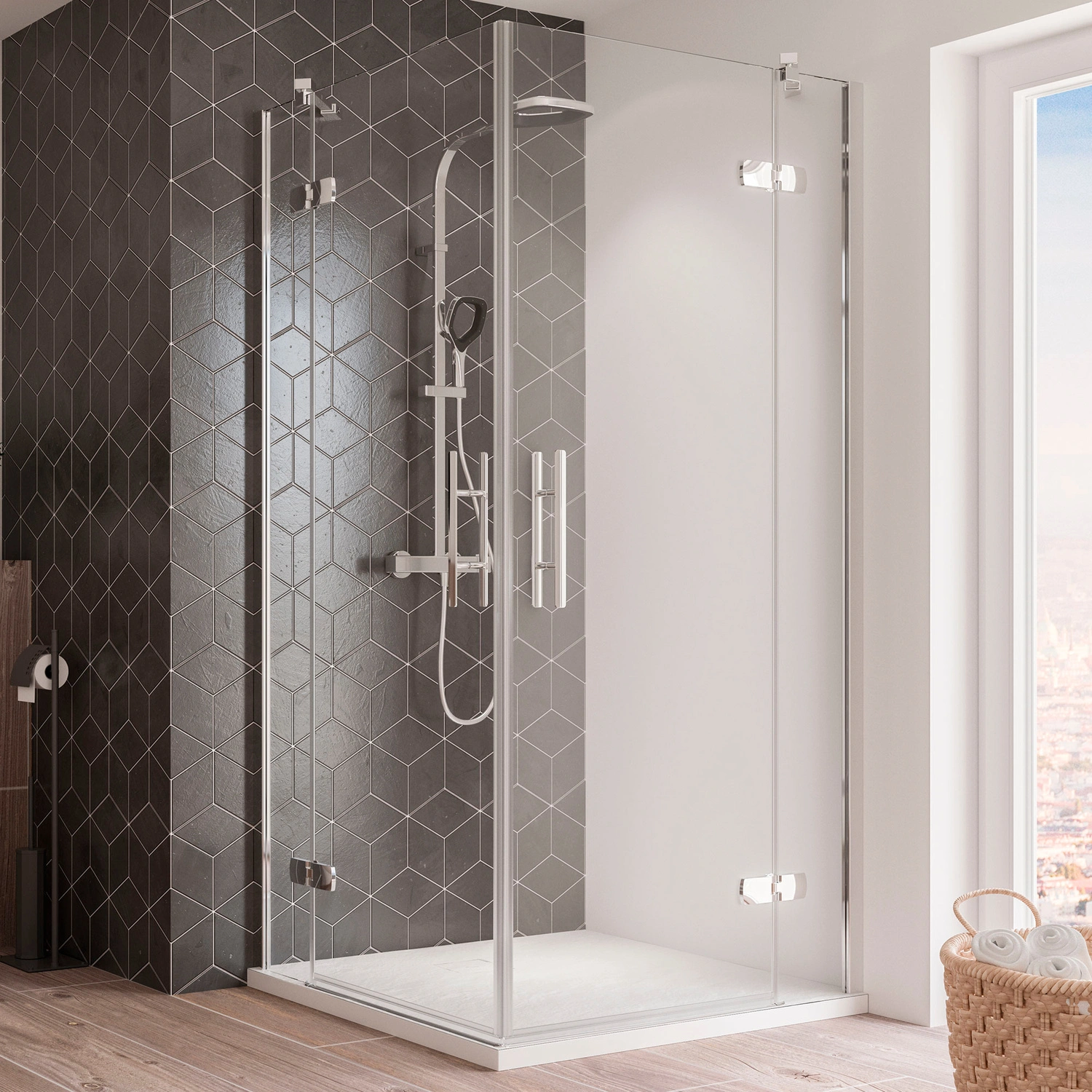Drehtür »Avanta«, für Eckeinstieg, 4-teilig, 90 cm, Klarglas, Alu chromeffekt