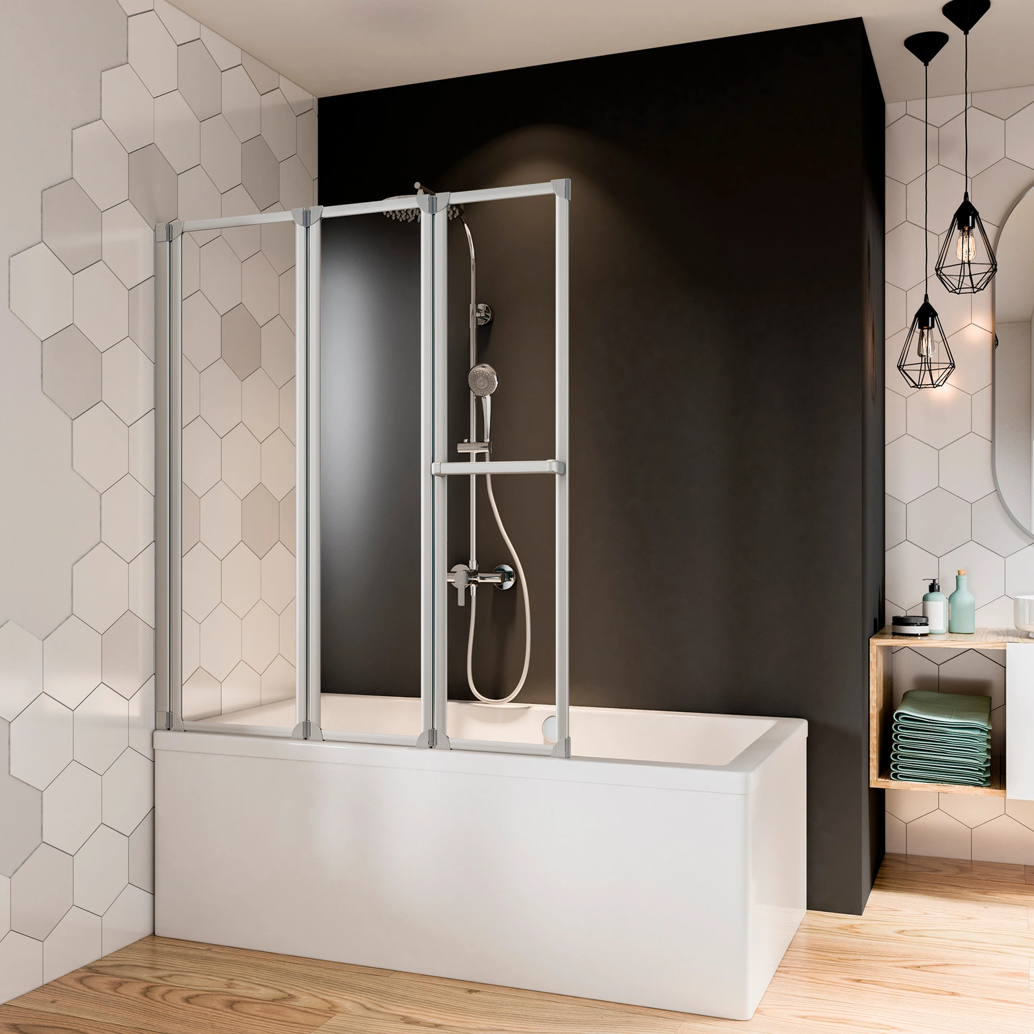 Badewannenfaltwand »Fara«, 3-teilig, BxH: 140 x 120 cm, Kunstglas, Alu silber matt