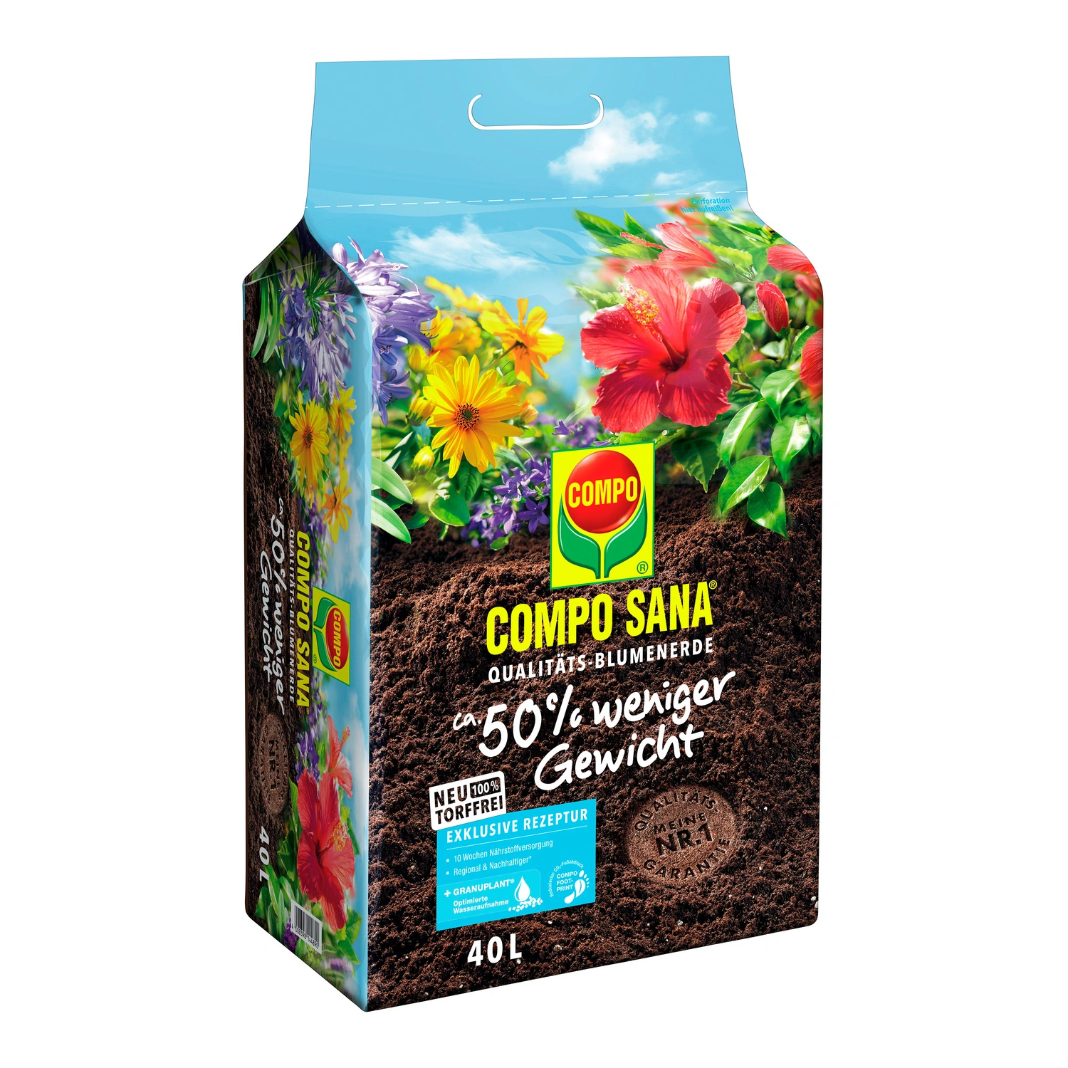 Blumenerde, 40 L, 50 % weniger Gewicht, torffrei