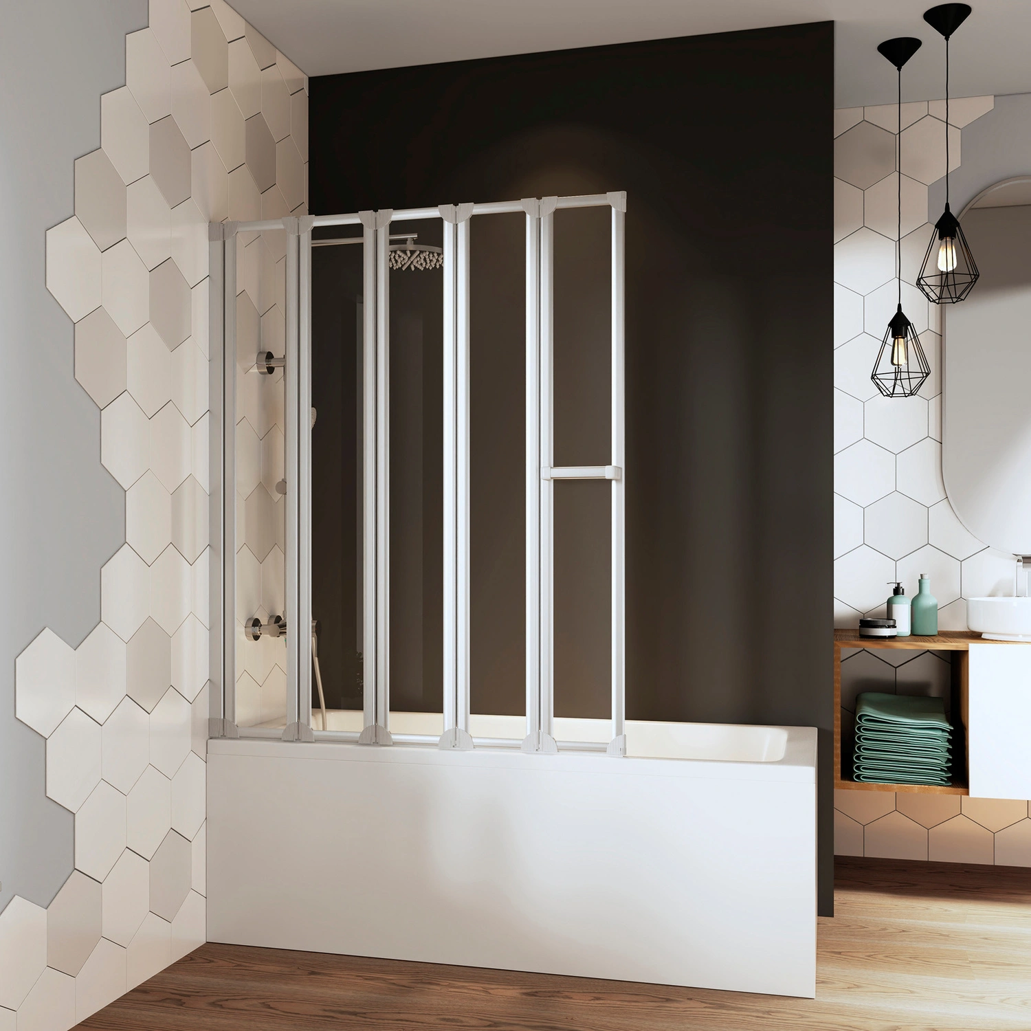 Badewannenfaltwand »Fara«, 5-teilig, BxH: 140 x 120 cm, Kunstglas, Alu silber matt