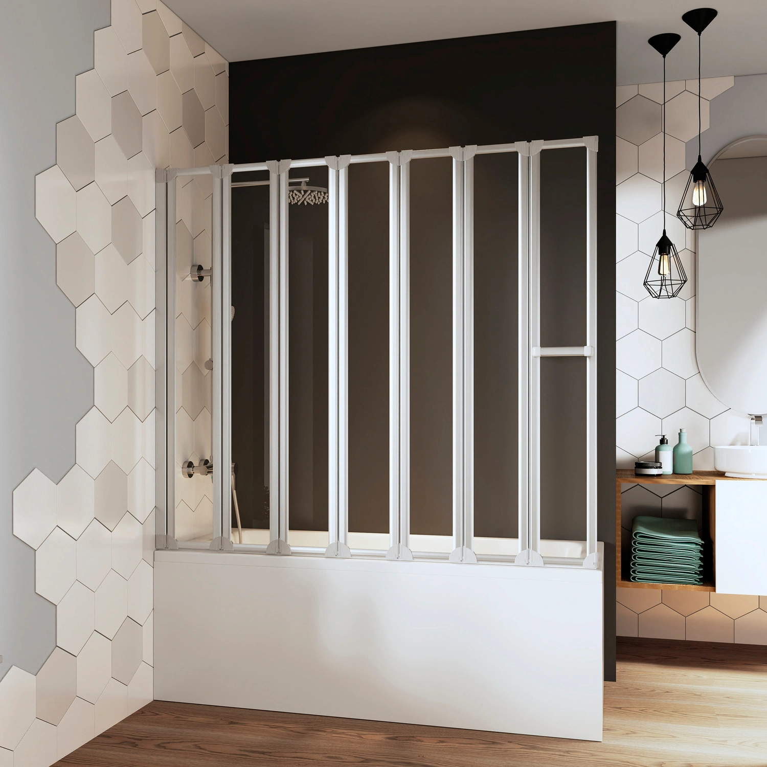 Badewannenfaltwand »Fara«, 7-teilig, BxH: 140 x 120 cm, Kunstglas, Alu silber matt