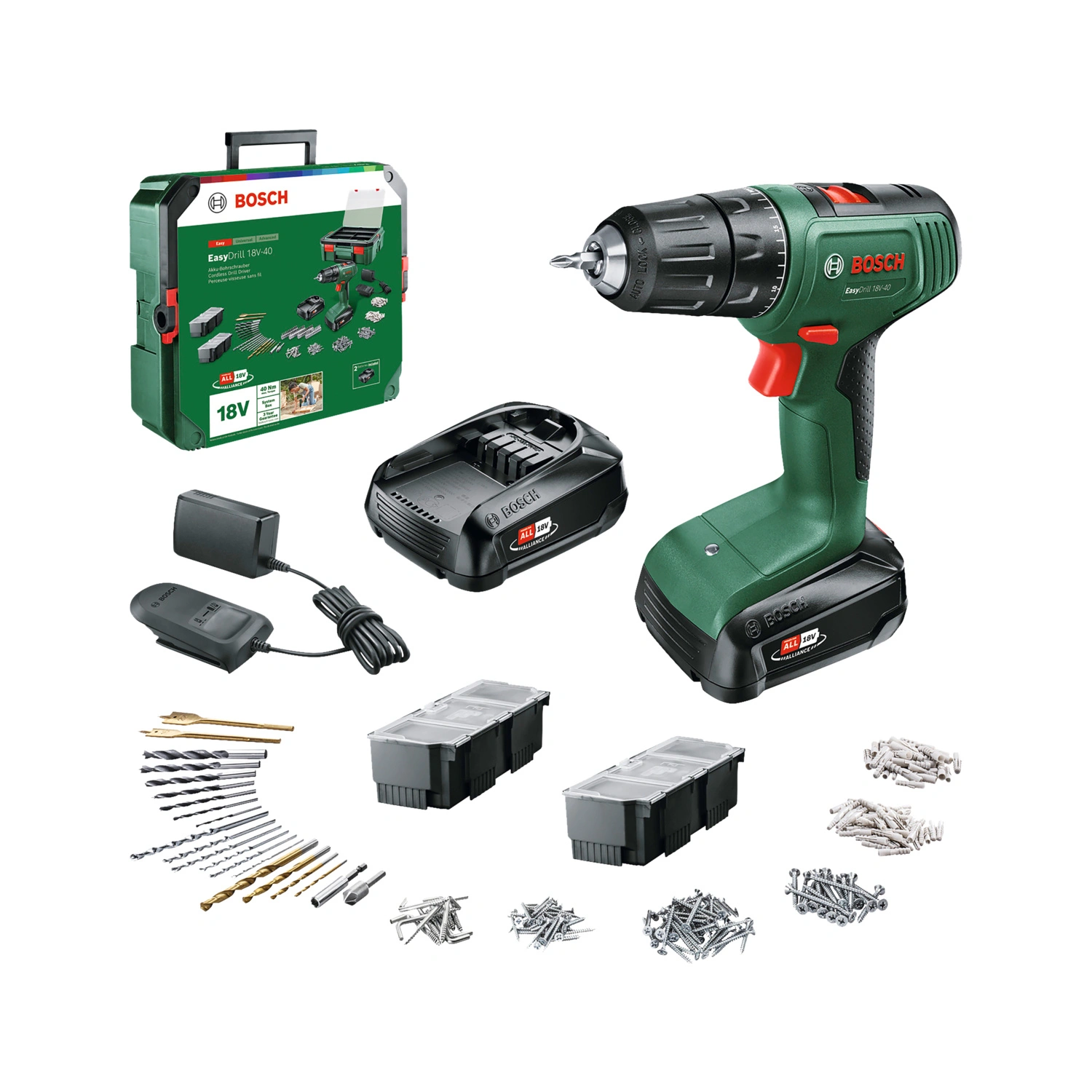 Akku-Bohrschrauber »EasyDrill 18V-40«, inkl. Systembox und 241-tlg. Zubehör, 18 V, grün, mit Akku