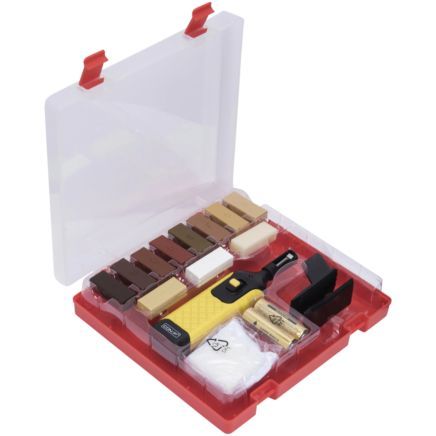 Bodenreparaturset, inkl. Wachsschmelzer, Reinigungsspachtel, Schleifschwamm, für Laminat, Kunststoff