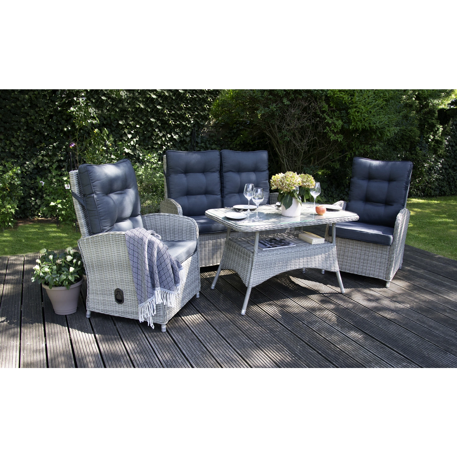 Dining-Lounge, 4 Sitzplätze, Polyrattan/Aluminium/Polyester/Glas, inkl. Auflagen