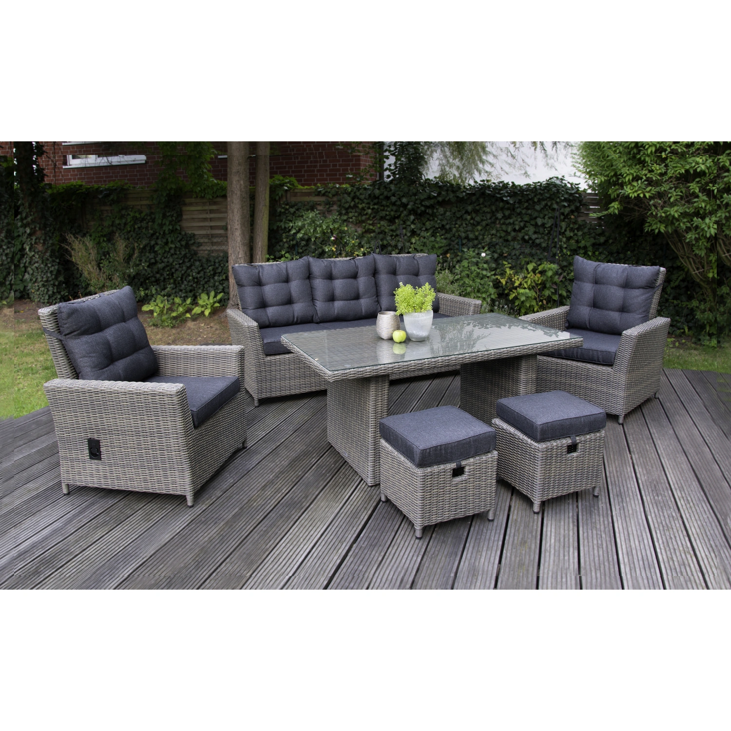 Dining-Lounge »Asti«, 5 Sitzplätze, Polyrattan/Aluminium/Polyester/Glas, inkl. Auflagen
