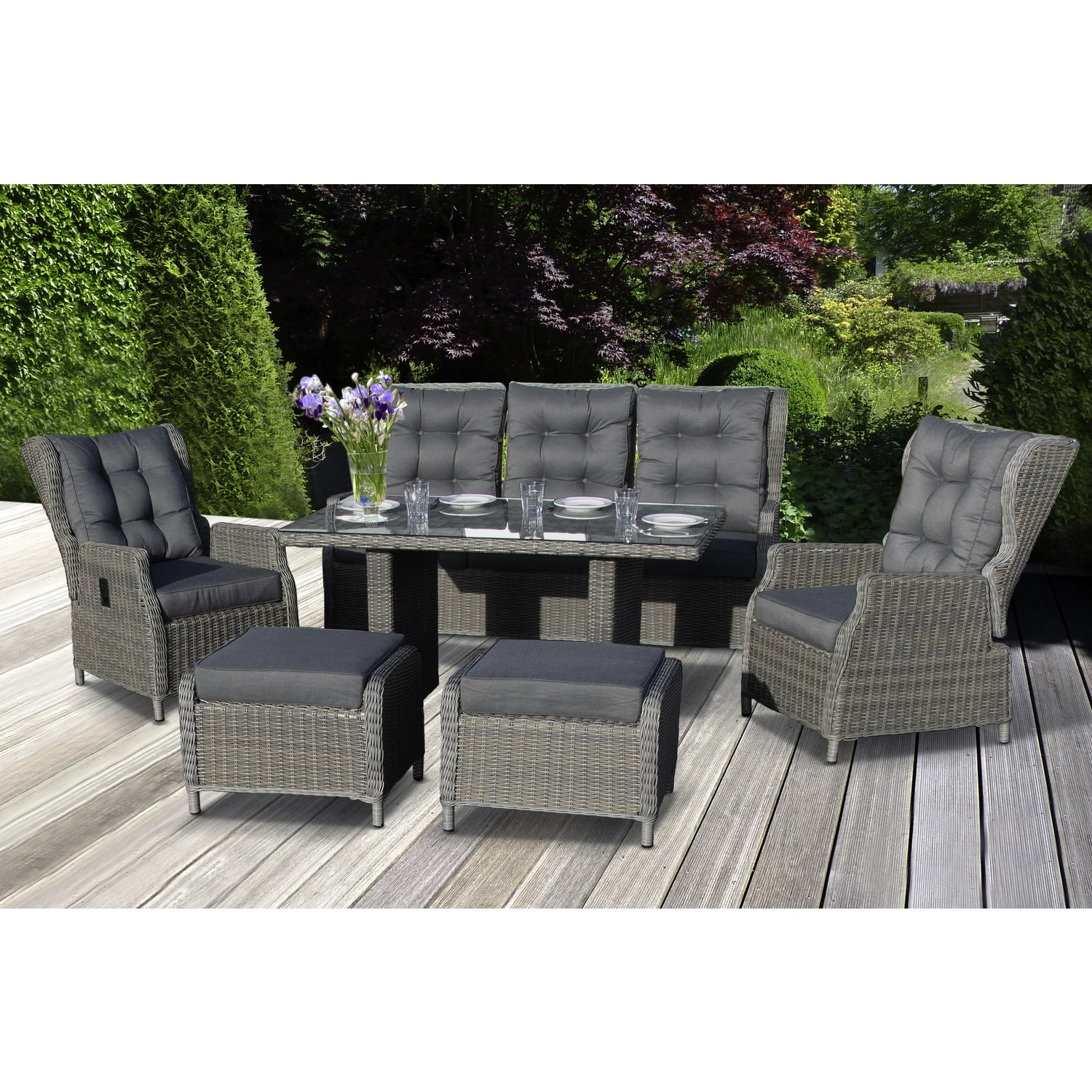 Dining-Lounge »Canelli«, 7 Sitzplätze, Polyrattan/Aluminium/Polyester/Glas, inkl. Auflagen