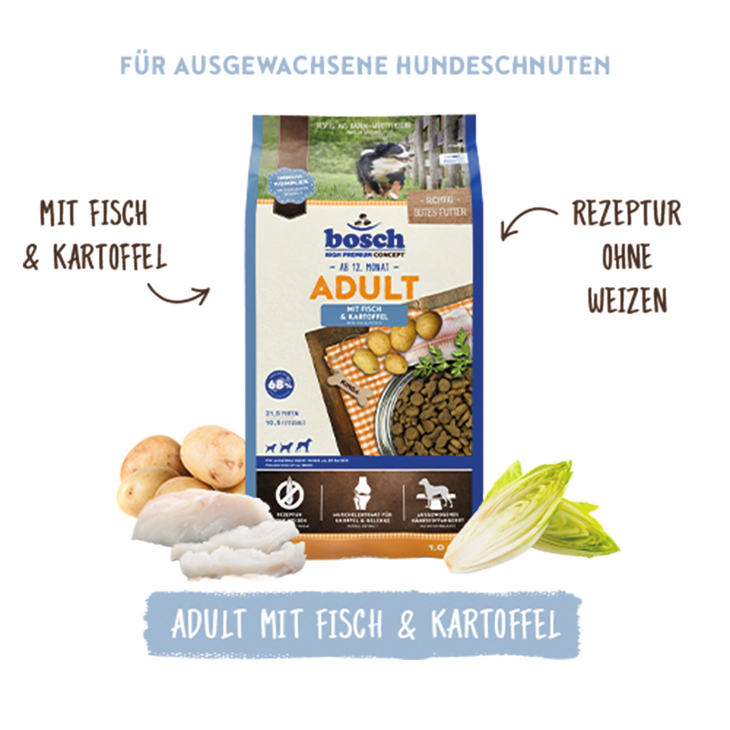 Hundetrockenfutter, 5 Stück, je 1 kg, Fisch/Kartoffel