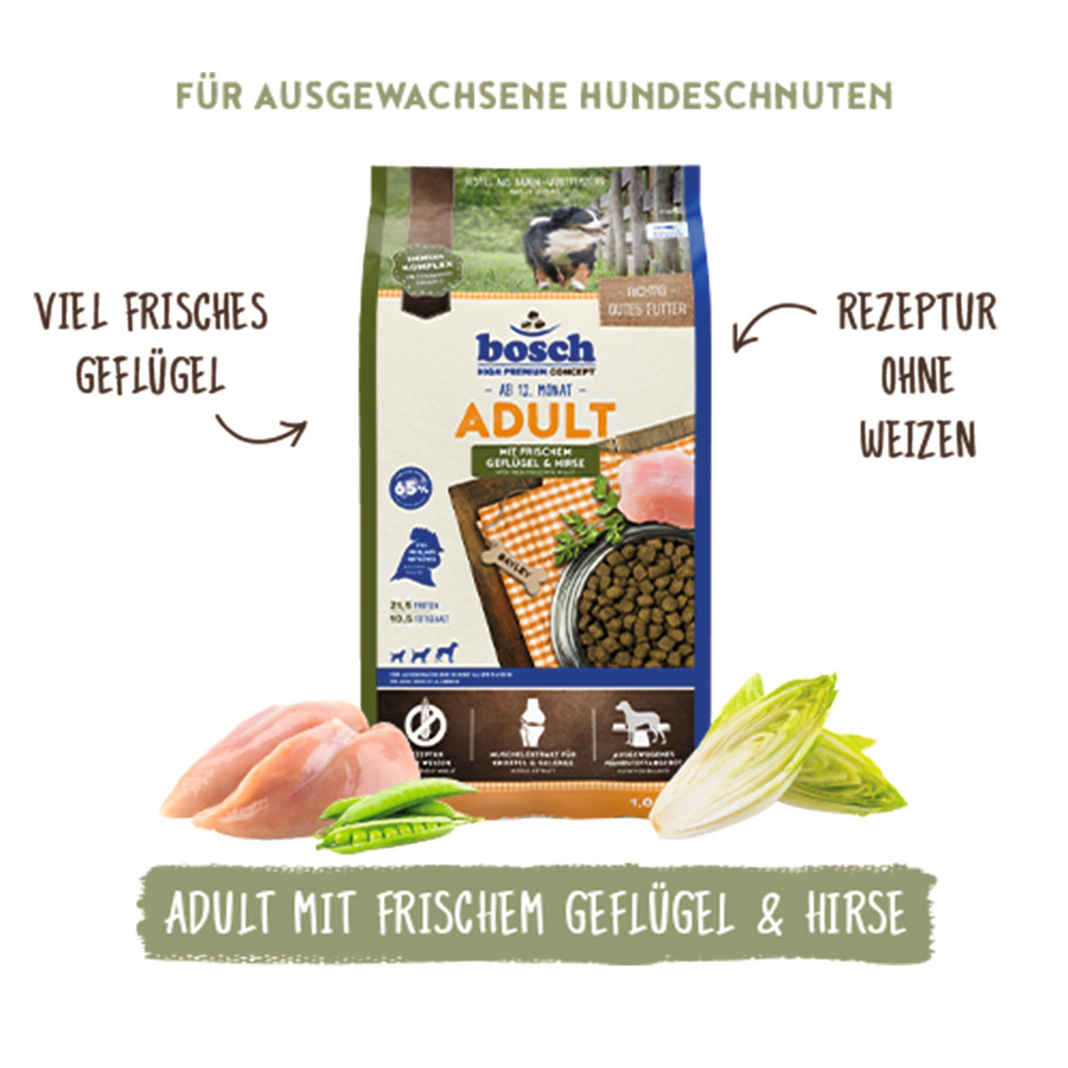 Hundetrockenfutter, 5 Stück, je 1 kg, Geflügel/Hirse