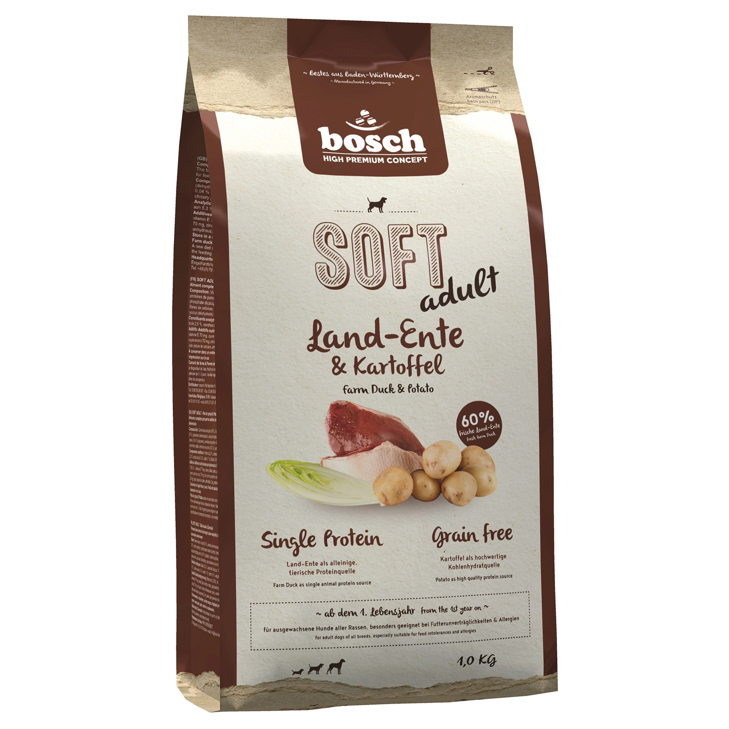 Hundetrockenfutter »Soft«, 5 Stück, je 1 kg, Ente/Kartoffel