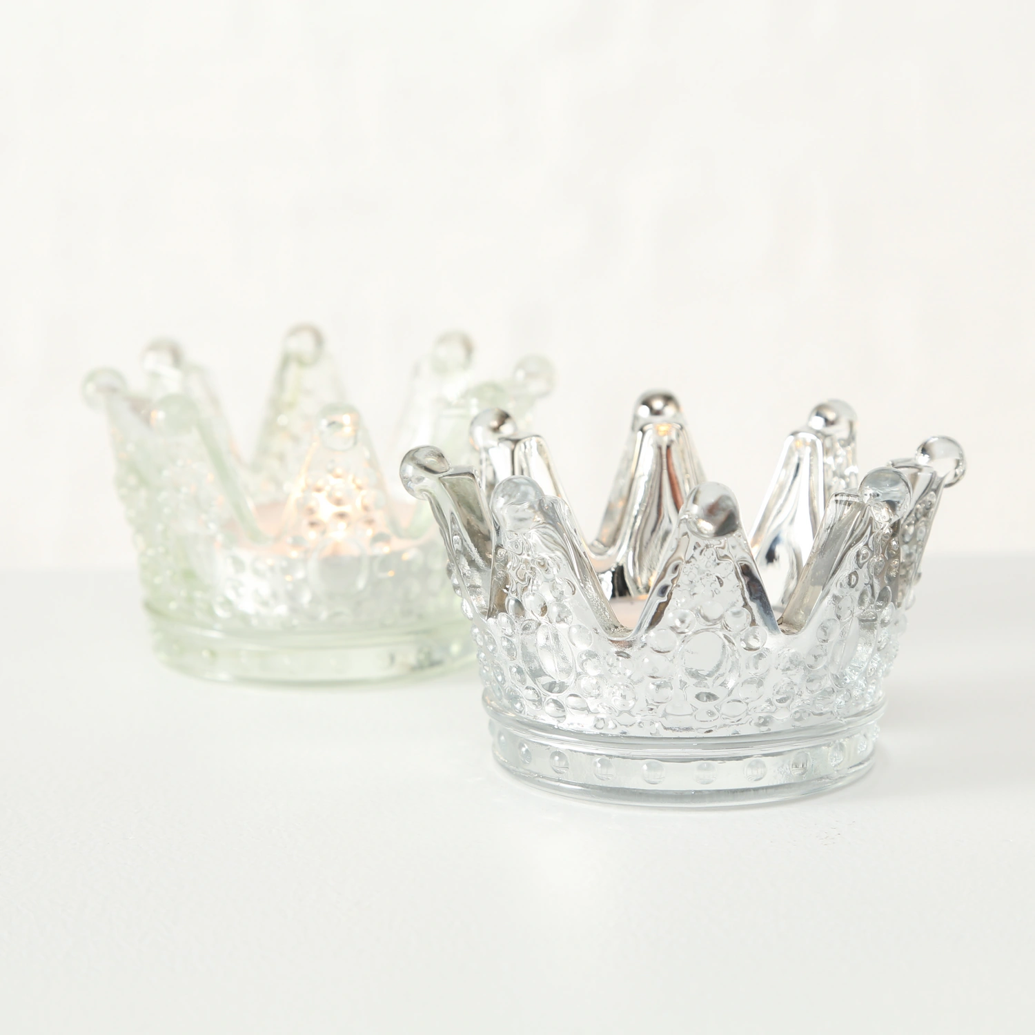 Teelichthalter »Crown«, Glas, silberfarben/transparent (milchig)